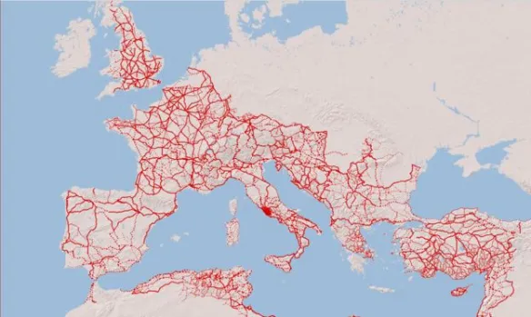 Mapa de la red de calzadas romanas que conectaba Roma con las provincias del Imperio — tocar para ampliar