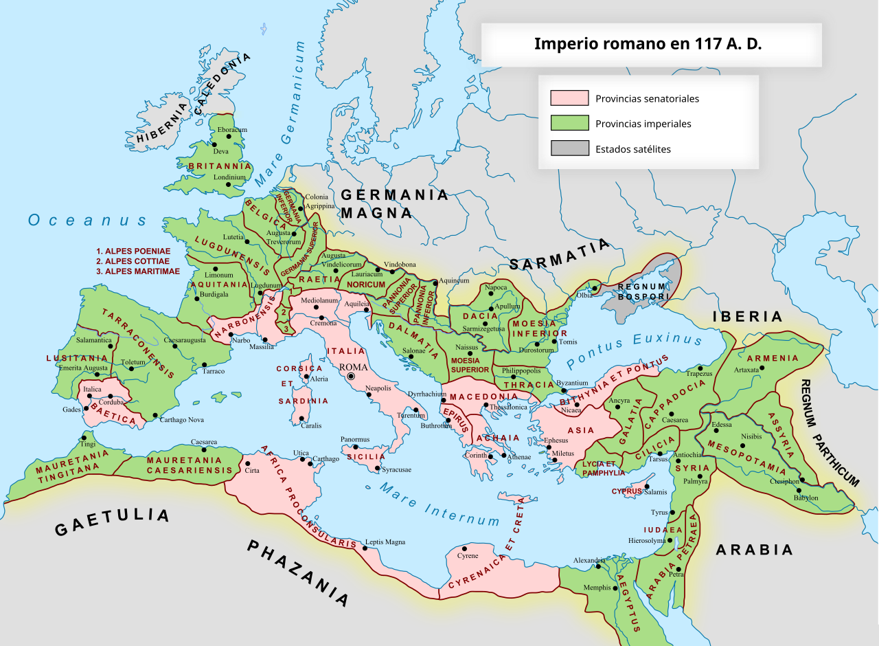 Mapa del Imperio romano en 117 d.C. con sus provincias senatoriales, imperiales y los estados satélites — tocar para ampliar