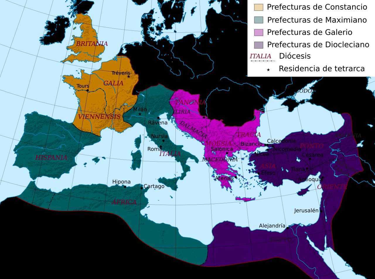 Mapa de las cuatro prefecturas de la Tetrarquía (Constancio, Maximiano, Galerio y Diocleciano) con sus diócesis y residencias imperiales — tocar para ampliar